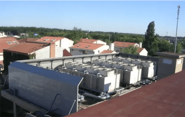 heat pump units are surrounded by sound proof panels